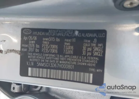 2007 Hyundai Santa Fe Gls z USA, uszkodzony, nr VIN 5NMSG13D67H000801